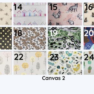 May include: A collection of 24 fabric swatches with various patterns, including bees, houses, foxes, polka dots, flowers, leopard print, travel stamps, trees, and cacti. The swatches are numbered 13 through 24.