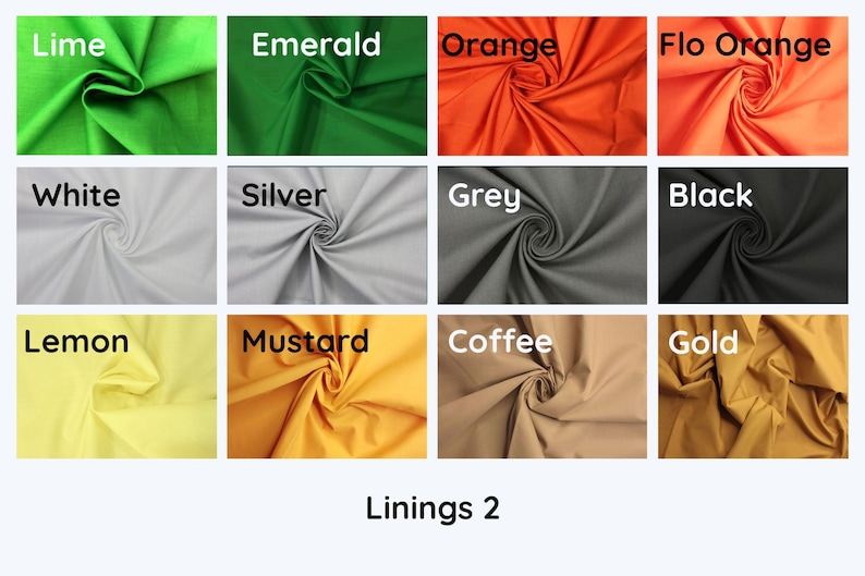 May include: A collection of fabric swatches in various colors, including lime, emerald, orange, and flo orange. Other colors include white, silver, grey, black, lemon, mustard, coffee, and gold. The text "Linings 2" is displayed at the bottom.