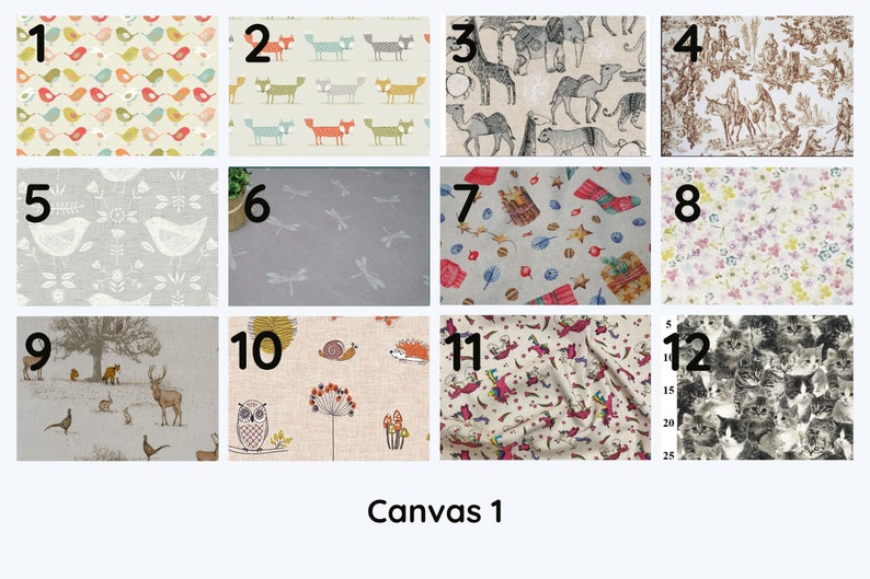 May include: A collection of fabric swatches with various patterns. Designs include colorful birds, foxes, animals, and floral prints. Other patterns feature dragonflies, Christmas motifs, and cats. The text "Canvas 1" is at the bottom.