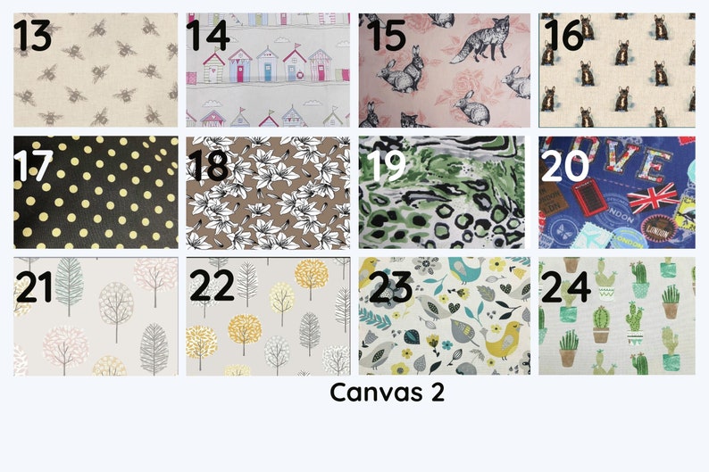May include: A collection of fabric swatches with various patterns. Designs include bees, beach huts, foxes and rabbits, black dogs, polka dots, floral, leopard print, travel-themed, trees, birds, and cacti. The text "Canvas 2" is at the bottom.