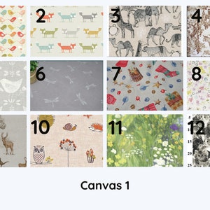 May include: A grid of 12 fabric swatches with different animal and nature patterns. The swatches are numbered 1 through 12. The text "Canvas 1" is below the grid.