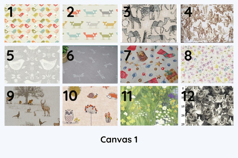 May include: A grid of 12 fabric swatches with different animal and nature patterns. The swatches are numbered 1 through 12. The text "Canvas 1" is below the grid.