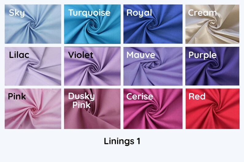 May include: A collection of 12 fabric swatches in various colors, including sky blue, turquoise, royal blue, cream, lilac, violet, mauve, purple, pink, dusky pink, cerise, and red. The fabric swatches are arranged in a grid pattern and labeled with their corresponding colors. The text "Linings 1" is displayed below the swatches.