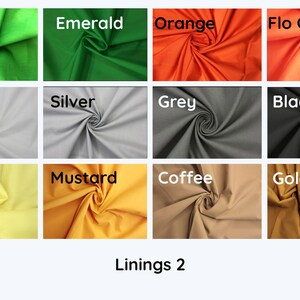 May include: A collection of fabric swatches in various colors, including lime, emerald, orange, flo orange, white, silver, grey, black, lemon, mustard, coffee, and gold. The swatches are arranged in a grid pattern and labeled with their corresponding colors. The text "Linings 2" is displayed below the swatches.