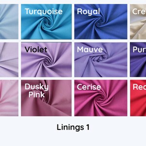 May include: A collection of fabric swatches in various colors, including sky blue, turquoise, royal blue, cream, lilac, violet, mauve, purple, pink, dusky pink, cerise, and red. The text "Linings 1" is displayed at the bottom.
