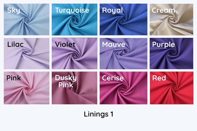 May include: A collection of fabric swatches in various colors, including sky blue, turquoise, royal blue, cream, lilac, violet, mauve, purple, pink, dusky pink, cerise, and red. The text "Linings 1" is displayed at the bottom.