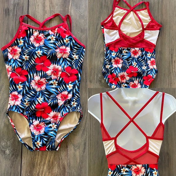 New Custom Anchor Patriotic Red White Blue Floral Hibiscus Strappy Back Leotard Gymnastics Kids Child Girls Teen Adult