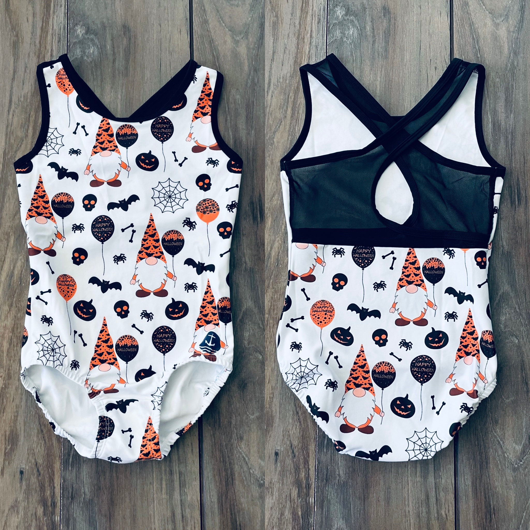 New Custom Anchor Halloween Gnomes Pumpkins Bats Spiders Skull Mesh Cross Strappy Back Leotard Gymnastics Kids Child Girls Teen Adult