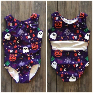 New Custom Anchor Halloween Trick or Treat Pumpkins Ghosts Bats Candy Open Back Leotard Gymnastics Child Girls Teen Adult