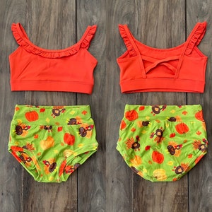 NWT Anchor Orange Phoenix Ruffle Top & Fall Pumpkin Thanksgiving Feast Briefs Green Holiday Dance DanceWear Convention Wear Child Girls Kids