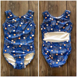 New Custom Anchor Hanukkah Chanukah Menorah Royal Blue Open Back Leotard Gymnastics Kids Child Girls Teen Adult