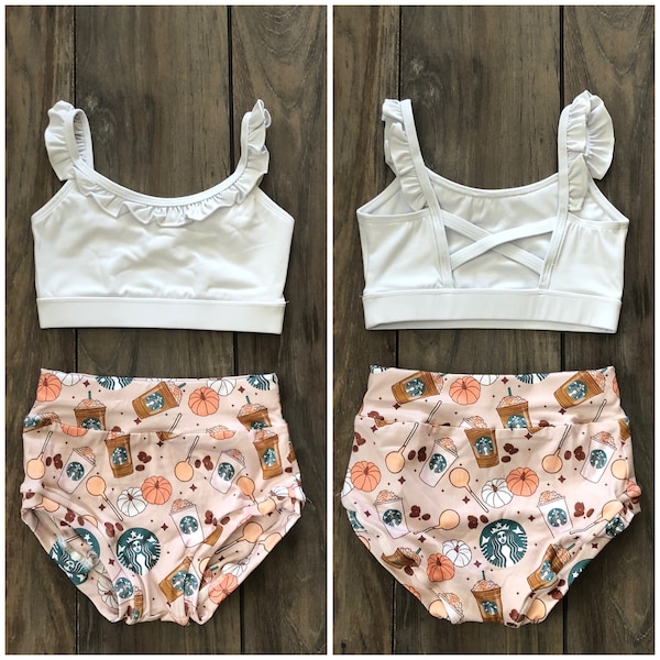 NWT Anchor White Phoenix Ruffle Top & Fall Pumpkin Spice Latte Starbucks Briefs Halloween Dance DanceWear Convention Wear Child Girls Teen