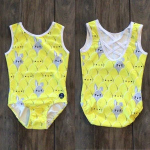 New Custom Anchor Easter Spring Chicks Eggs Bunny Yellow Strappy Back Leotard Gymnastics Kids Child Girls Teen Adult