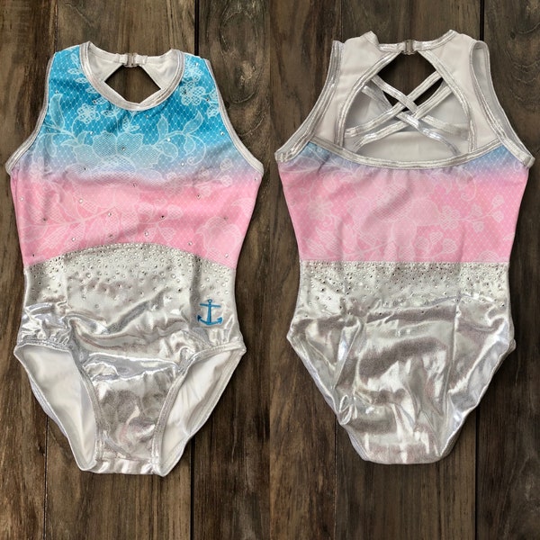 New Custom Anchor Coastal Rose Silver Pink Teal Bling Strappy Back Leotard Gymnastics Kids Child Girls Teen Adult