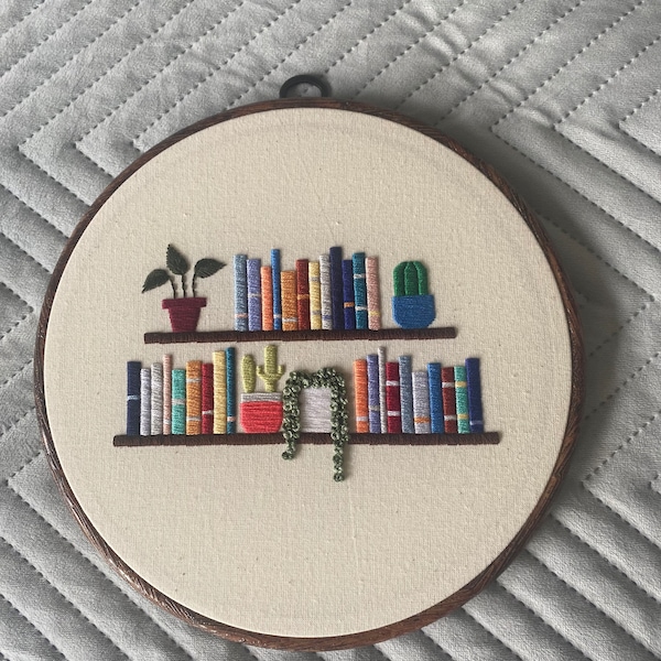 Hand Embroidered Book Shelf Design - 7 or 8 Inch Hoop