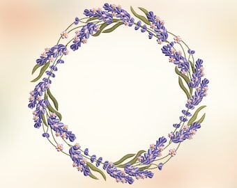 May include: A wreath made of purple lavender flowers and green leaves. The wreath is circular and has a white background.