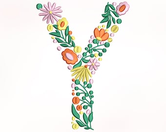 Puede incluir: Una letra Y floral bordada con flores en tonos de rosa, naranja, amarillo y verde.
