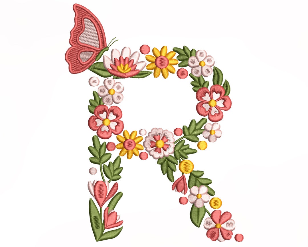 Flower Alphabet Letter R Embroidery Design, Machine Embroidery Design