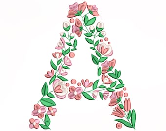 May include: A floral letter A with pink and white flowers and green leaves.