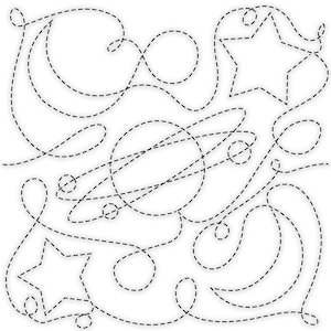Pode incluir: Um fundo branco com um design de linhas tracejadas pretas. O design inclui um círculo, duas estrelas e várias linhas e laços curvos, dando um efeito costurado ou bordado.