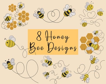 Puede incluir: Ocho diseños lindos de abejas de miel con rayas negras y amarillas, alas blancas y ojos negros. Algunas abejas están volando con un remolino negro detrás de ellas. Algunas abejas están cerca de un panal.
