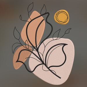 May include: Abstract art print featuring a black line drawing of a branch with leaves on a background of two overlapping shapes in peach and light pink.