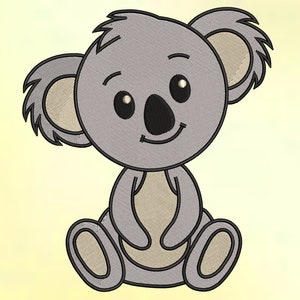 May include: A cartoon koala bear with gray fur, black eyes, and a black nose. The koala is sitting with its arms crossed and has a small smile on its face.