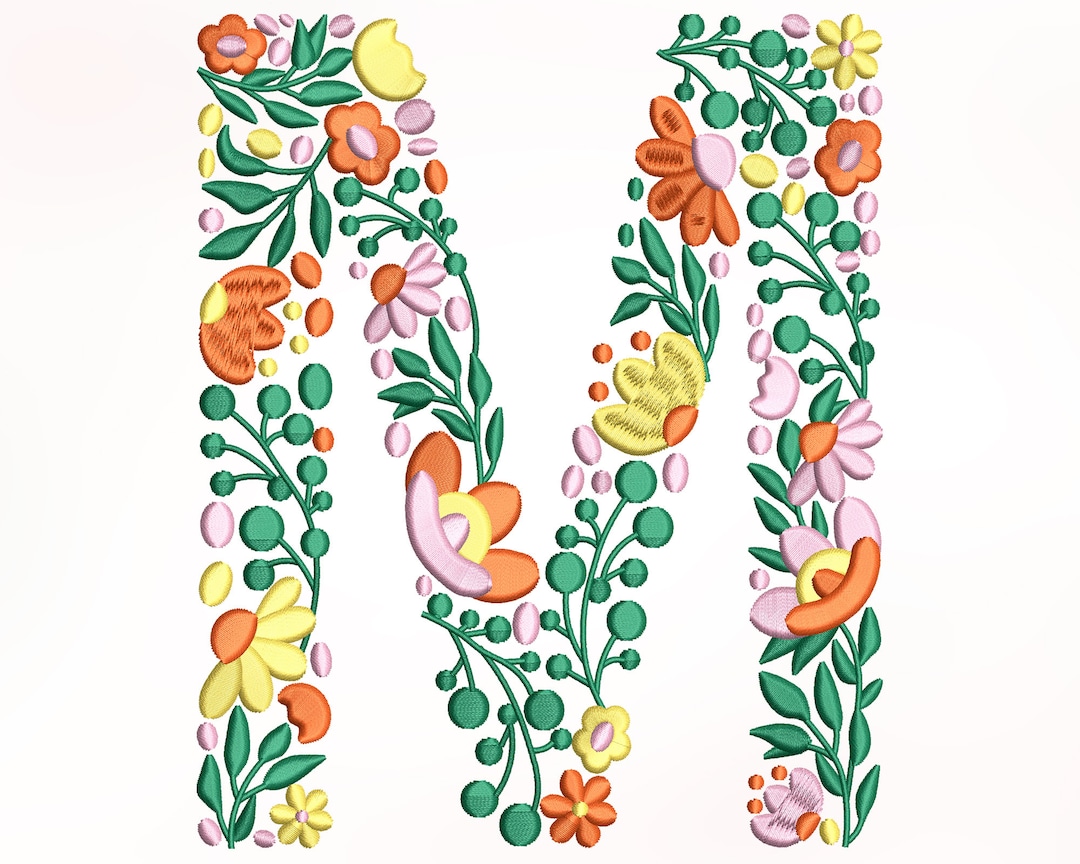 Flower Alphabet Letter M Embroidery Design, Machine Embroidery Design, Embroidery Design for