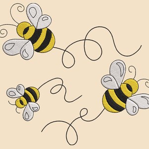 May include: Three cartoon bees with black and yellow stripes flying with black curly lines behind them. The bees have white wings.