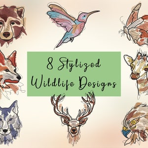 8 Stylized Wildlife Embroidery Designs, Machine Embroidery Designs, Embroidery Designs For Machine, Embroidery Files, 5 Sizes (2,3,4,5,7in)