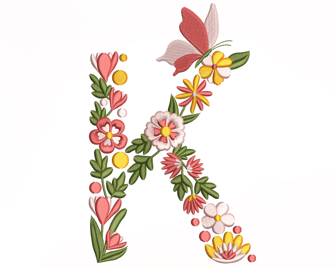 Flower Alphabet Letter K Embroidery Design, Machine Embroidery Design