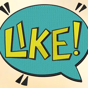 May include: A blue speech bubble with a black outline and a yellow exclamation point. The word "LIKE!" is written in yellow letters inside the bubble.