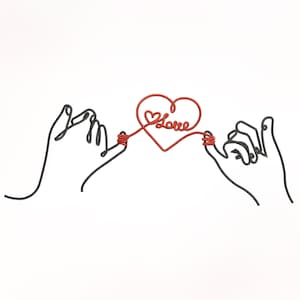 Op de afbeelding: Twee handen verbonden door een rood touwtje dat een hart vormt met het woord "love" erin.