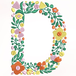 Diseño de bordado de flor alfabeto letra D, diseño de bordado de máquina, diseño de bordado para máquina, diseño de bordado digital, (3,4,5,7in)