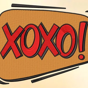 May include: A red and black embroidered patch with the word "XOXO!" in a comic book style font.