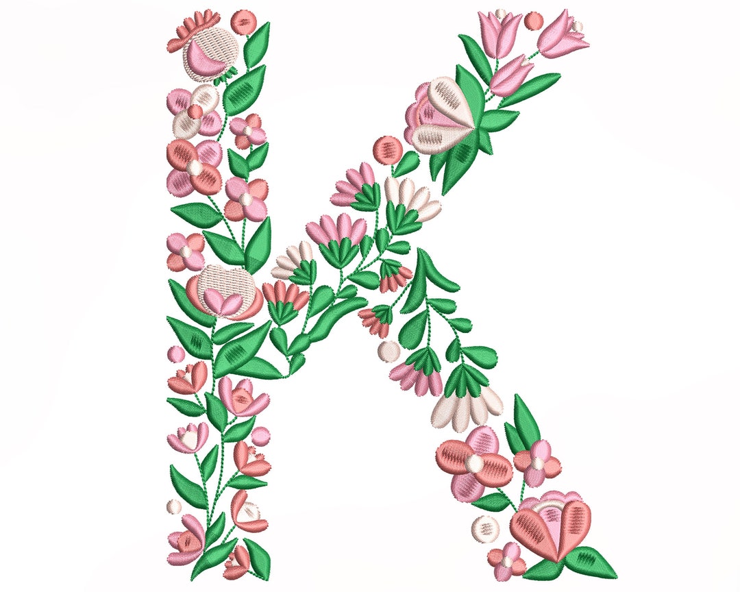 Flower Alphabet Letter K Embroidery Design, Machine Embroidery Design