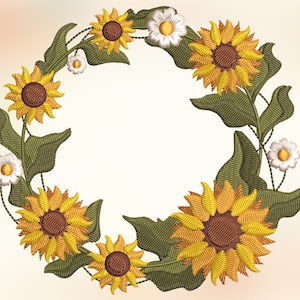 Puede incluir: Una corona hecha de girasoles y margaritas blancas. Los girasoles tienen pétalos amarillos y centros marrones. Las margaritas tienen pétalos blancos y centros amarillos. La corona está sobre un fondo claro.