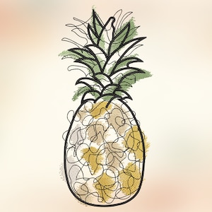 May include: An abstract illustration of a pineapple. The design features a black outline with green leaves and yellow and tan accents. The background has a soft, gradient color scheme.