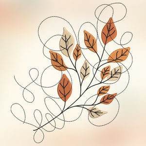 Op de afbeelding: Een digitale illustratie van een tak met bruine, oranje en beige bladeren. De bladeren zijn gestileerd en hebben een eenvoudig ontwerp. De tak is omgeven door zwarte krullen.