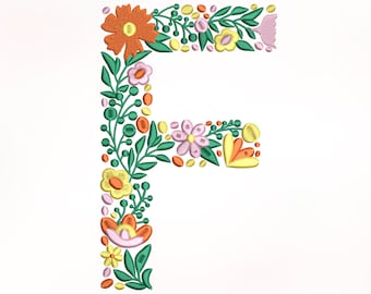 Può includere: La lettera F è formata da un disegno floreale. La lettera è composta da foglie verdi, fiori arancioni, gialli e rosa.