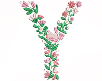 Può includere: Lettera Y ricamata con fiori rosa e bianchi e foglie verdi.