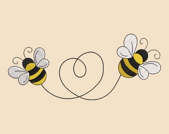 Puede incluir: Dos abejas de dibujos animados con rayas negras y amarillas están conectadas por una línea negra que forma un corazón.