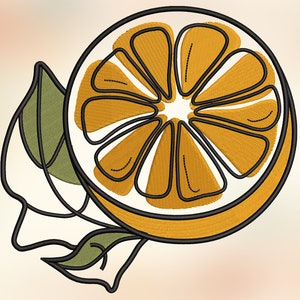 Könnte beinhalten: Ein stilisiertes gesticktes Design einer Orangenscheibe mit einem grünen Blatt. Die Orangenscheibe ist gelb und orange mit einem schwarzen Umriss. Das Blatt ist grün mit einem schwarzen Umriss.