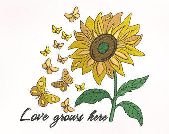 Zonnebloem & vlinders borduurontwerp, machinaal borduurontwerp, borduurbestand, zomerborduurlettertype, 4 maten (3,4,5,7in)