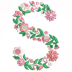 Desenho de bordado com letra S do alfabeto de flores, desenho de bordado à máquina, desenho de bordado para máquina, desenho de bordado digital, (3,4,5,7 pol.)
