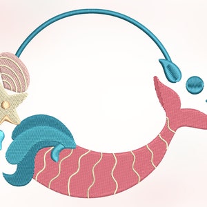 May include: A blue circle frame with a pink and white seashell, a yellow starfish, and a pink mermaid tail with blue waves and water droplets.