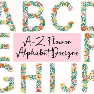 花のアルファベット刺繍デザイン、機械刺繍デザイン、機械用刺繍デザイン、刺繍ファイル、4 サイズ (3、4、5、7 インチ)