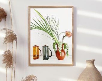 Estante de estilo de vida mínimo, plantas, flores, cristalería y homeware cartel retrato arte de pared ideal para la cocina, A2-A5