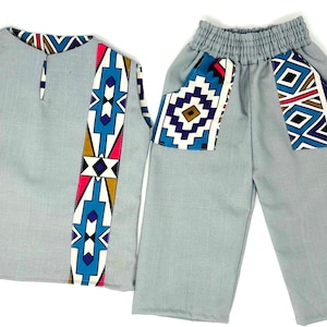 BabyMwana Boys linen and ndebele fabric 2 piece| African Top| African boy Pants| African Fashion Dress| Children's Dress| Gifts For Boy