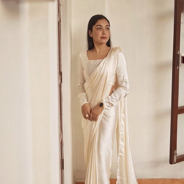 Perle weiß Designer aus reiner Satin Seide Saree Latkan & Perlen, Bollywood Style Hochzeit Saree Party tragen Bereit, vorgenähte Saree zu tragen